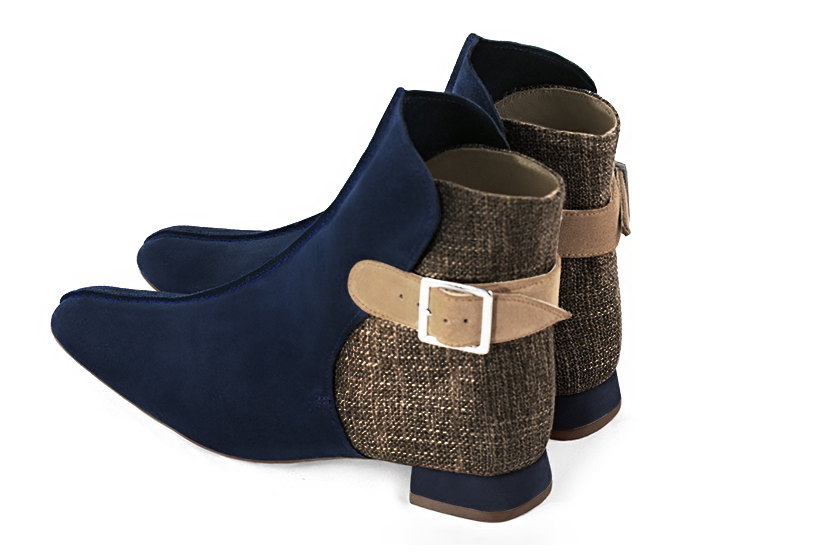Midnight blue, dark brown and tan beige women's ankle boots with buckles at the back. Square toe. Flat flare heels. Rear view - Florence KOOIJMAN